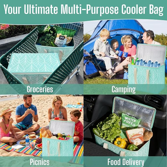VENO 3 Pack Insulated Cooler Bag Reusable Grocery Bag for Food Delivery | Heavy Duty Large Collapsible Cooler Shopping Tote w/ Zippers, Foldable, Stands Upright for Camping Picnic(Evergreen, 3 Pack)