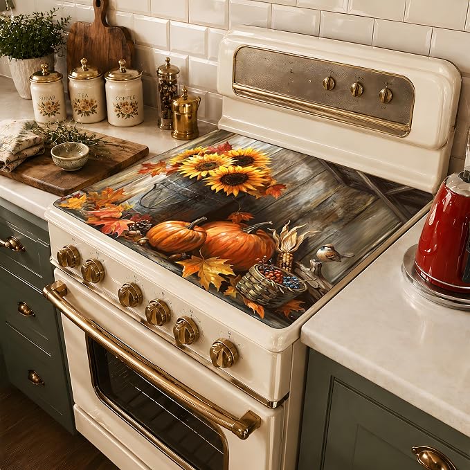 Fall Pumpkin Sunflower Stove Top Cover 28.3 x 20.5 Inch, Rustic Farmhouse Glass Cooktop Protector Mat, Autumn Harvest Electric Range Cover for Kitchen Counter Decor(Orange Sunflower)