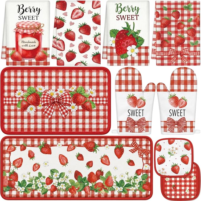 Tieshankao 10Pcs Strawberry Kitchen Decor Accessories Set | Kitchen Towels, Oven Mitts, Pot Holders, Rugs and Mats, Strawberry Fruit Theme, Baking Supplies, Housewarming Gifts