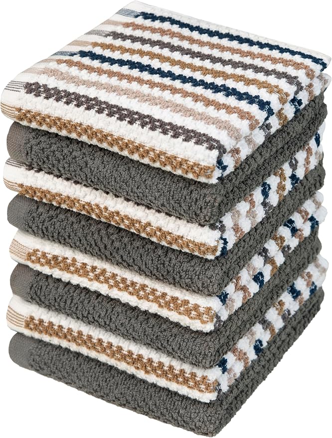 Bumble Dish Cloths 8-Pack, Cotton Kitchen Towels, 12"x12" Grey Wide Stripes | 430 GSM Soft Dish Towels for Kitchen, Highly Absorbent & Durable Kitchen Rags for Washing Dishes