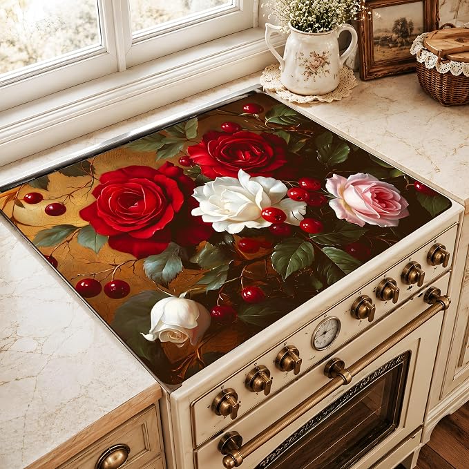 Floral Stove Cover 28.3 x 20.5 Inches Rose Stove Top Protector Heat Resistant Non Slip Glass Electric Stove Cover Board Farmhouse Flower Kitchen Decor Mat (Red flower)