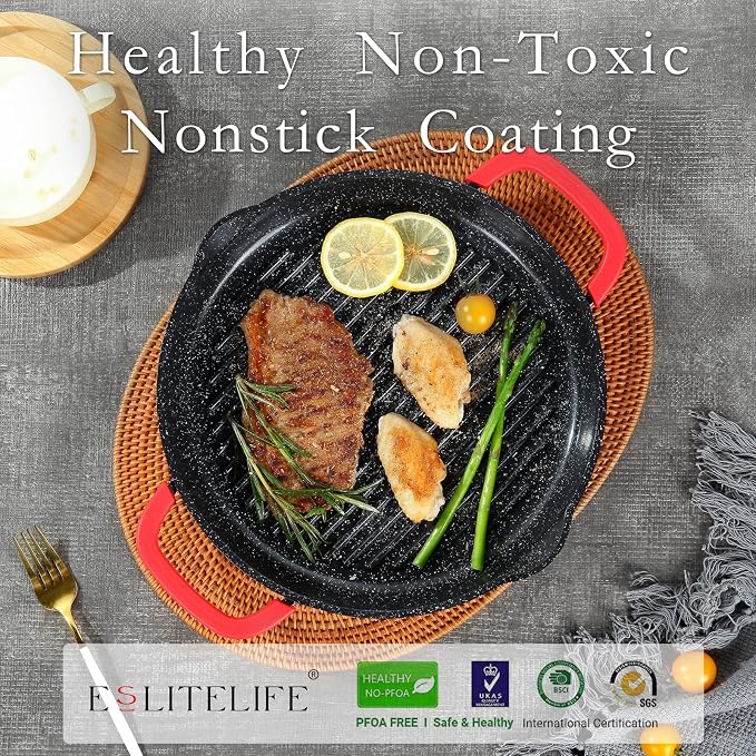ESLITE LIFE Nonstick Grill Pan with Lid & Tongs for Stove Tops, 11 Inch Versatile Round Big Grilling Steak Pan with Pour Spouts for Indoor & Outdoor Cooking, PTFE & PFOA Free, Black