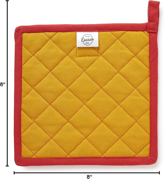 Encasa XO Pot Holders, Quilted Kitchen Hot Pads 8"x8" | Mango, 100% Cotton | Heat Resistant | Hanging Loop | Multipurpose Trivets | Machine Washable | Set of 2