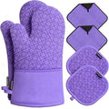 Oven Mitts and Pot Holders Sets 6pcs, Kitchen Oven Glove,High Heat Resistant 550 Degree Extra Long Oven Mitts and Potholders with Non-Slip Silicone Surface for Home Essentials (Grey) (Purple)