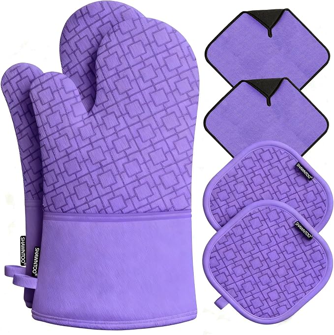 Oven Mitts and Pot Holders Sets 6pcs, Kitchen Oven Glove,High Heat Resistant 550 Degree Extra Long Oven Mitts and Potholders with Non-Slip Silicone Surface for Home Essentials (Grey) (Purple)
