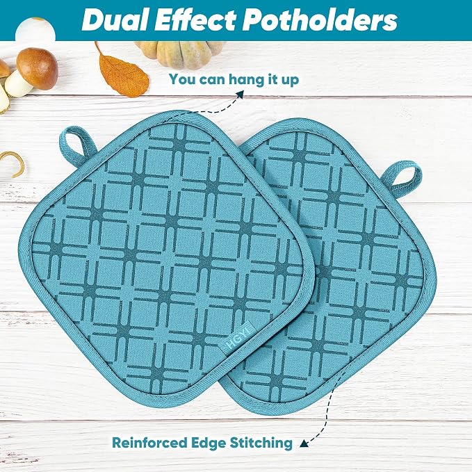Oven Mitts and Pot Holders Set with Dishcloths, 500 Degree Heat Resistant Oven Gloves and Hot Pads, Premium Soft Cotton Kitchen Mittens and Dish Cloth Sets-Lake Blue