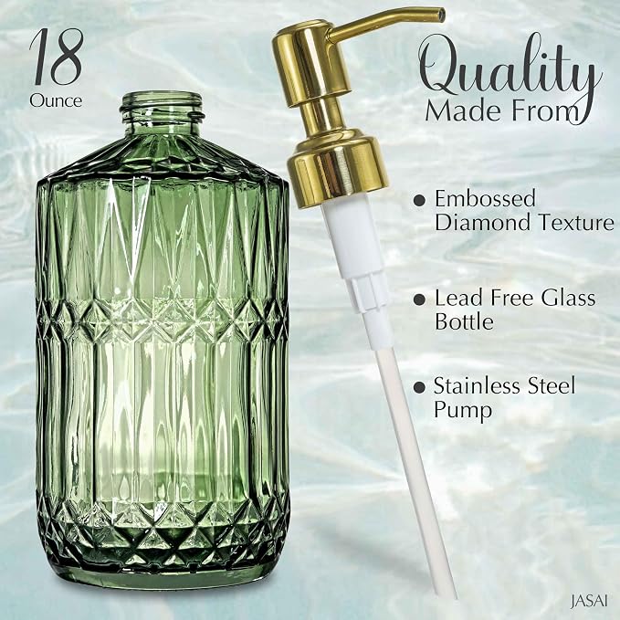 JASAI 2Pack 18Oz Green Glass Soap Dispenser with Gold Rust Proof Pump | Refillable Dish Soap Dispenser for Kitchen, Bathroom Soap Dispenser for Hand soap, Lotion, Body Wash, Liquid Soap