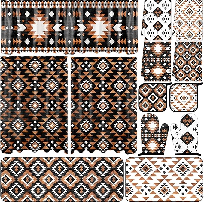 13 Pcs Western Aztec Kitchen Decor Set with Western Kitchen Towel American Decorative Nonslip Mats Curtains Southwest Valance Pot Holders Oven Mitts for Home Decoration Cooking Baking Gift
