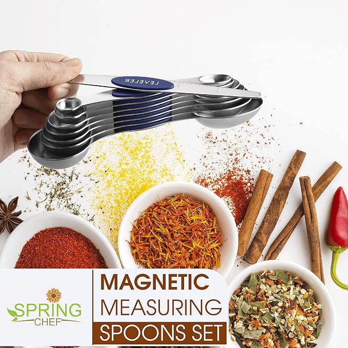 Spring Chef 8 Magnetic Measuring Spoons Set for Baking & Cooking, Sapphire | Stainless Steel Teaspoon & Tablespoon Measuring Spoons with Leveler for Dry & Liquid Ingredients, Dual Sided, Dishwasher Safe