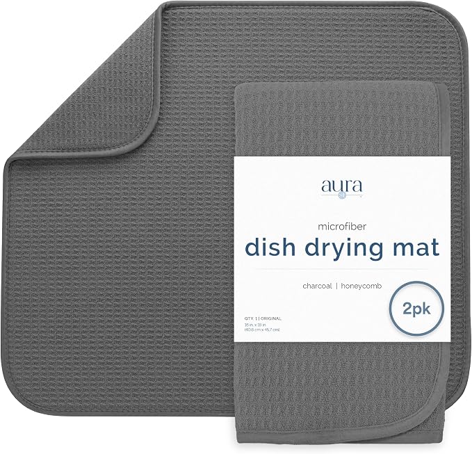 S&T INC. Dish Drying Mat, 2 Pack, 16" x 18", Large, Charcoal Grey | Absorbent Microfiber, 2PK Kitchen Counter Mat for Dishes, Utensils, Pots and Pans, Machine Washable