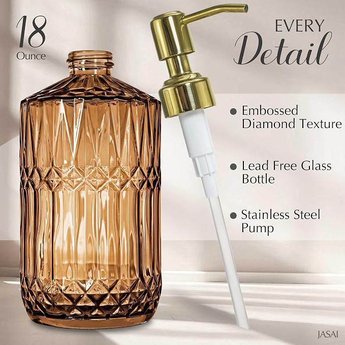 JASAI 18Oz Amber Glass Soap Dispenser with Gold RustProof Pump for Bathroom | Refillable Dish soap Dispenser for Kitchen Sink, Soap Dispenser Bathroom for Hand soap, Lotion, Dish Soap.