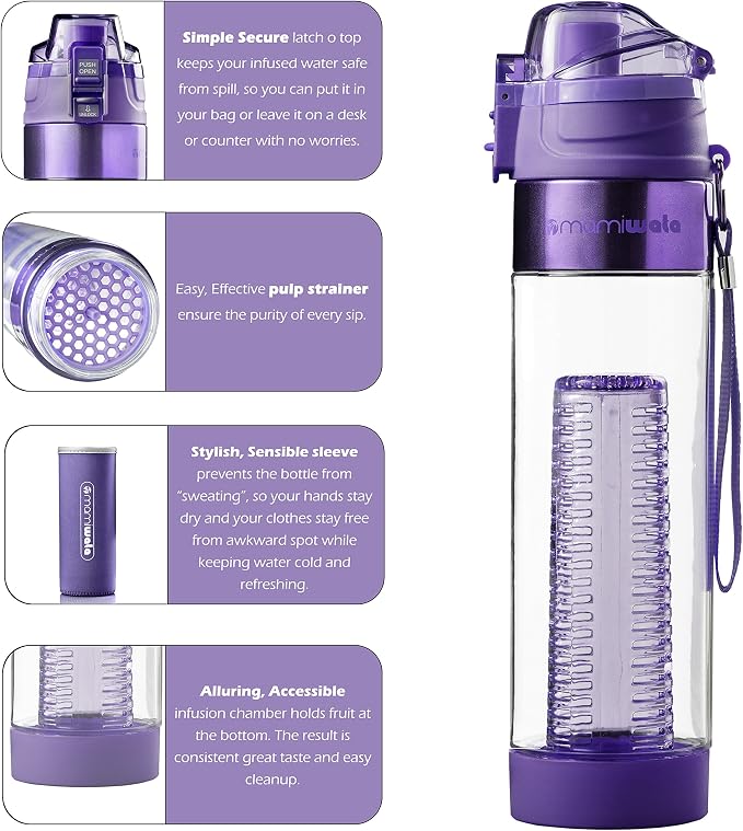 MAMI WATA Fruit Infuser Water Bottle – 24 oz BPA-Free Tritan Fruit Infused Plastic Water Bottle for Women Recipes eBook & Insulating Sleeve & Gift Box