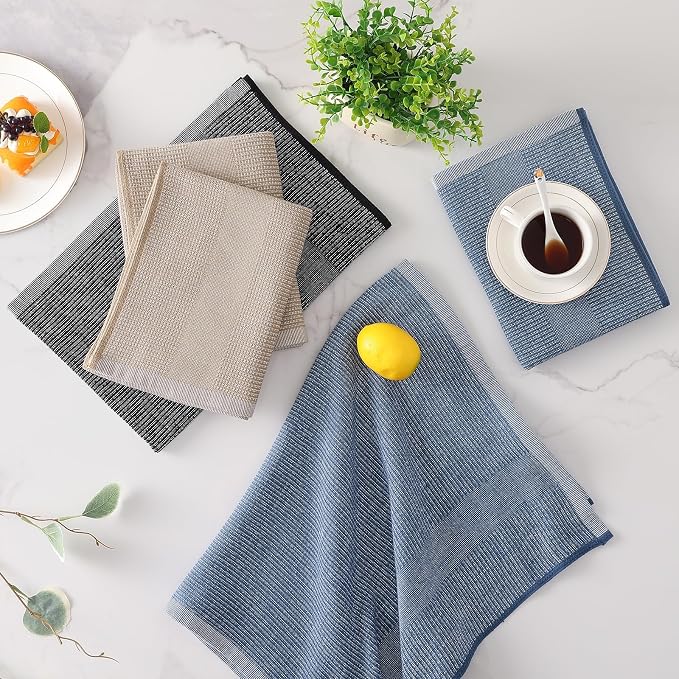 Mordimy Cotton Kitchen Towels (18"x 28", 3 Pack), Navy Blue/Grey/Black | 100% Ring Spun Cotton, Super Absorbent, 380 GSM, Flat & Terry, Soft, Hanging Loop Dish Towels