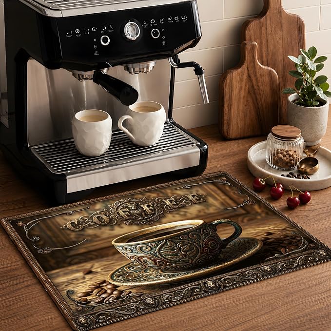 Vintage Coffee Stove Cover 28.3 x 20.5 Inches, Coffee Stove Top Protector, Heat Resistant Non Slip Glass Electric Stove Cover Board, Rustic Coffee Bar Kitchen Decor Mat (Classic coffee)