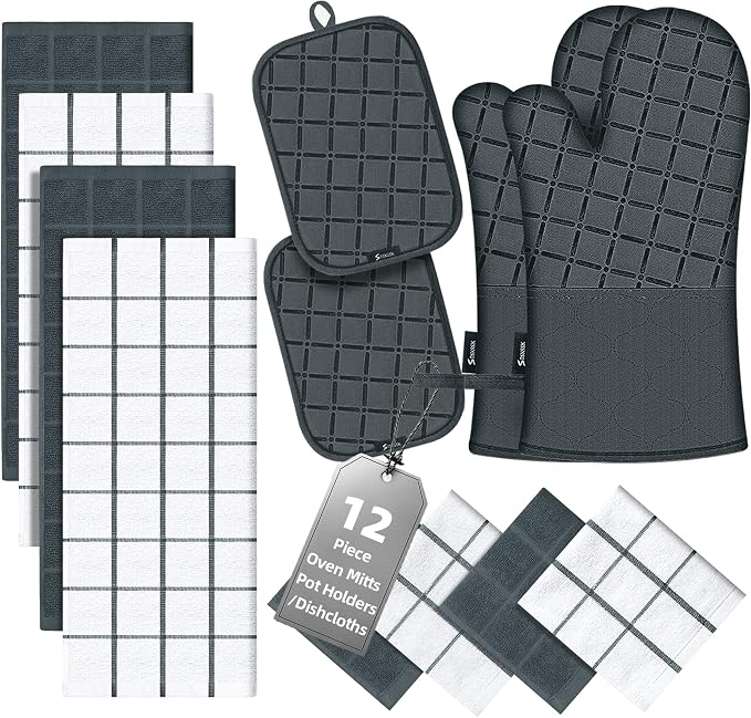Oven Mitts Pot Holders Sets/Kitchen Towels and Dishcloths,Oven Gloves Kitchen Dish Towels 500 Degree Heat Resistant Potholders with Non-Slip Silicone Surface for Cooking,Grilling,Baking-Deep Green