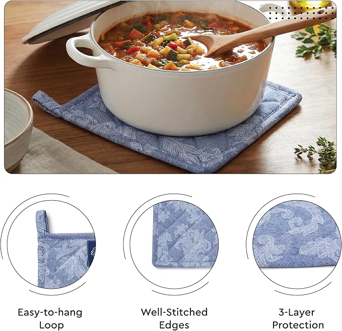 Encasa XO Oven Mitts and Pot Holders Set, Heat Resistant Cotton | Floral Blue, Diamond Quilted | Non-Slip Grip | Microwave & Oven Safe | Hanging Loop | Machine Washable | Set of 2