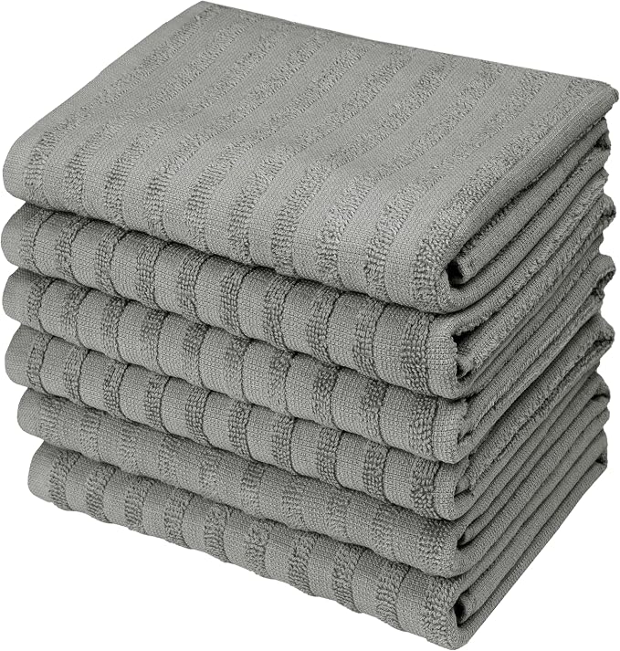 Premium Kitchen Towels 6 Pack 100% Cotton, 20"x28" - Grey Solid | Large 450 GSM Terry Dish Towel, Kitchen Hand Towels with Hanging Loop, Highly Absorbent for Washing and Drying Dishes