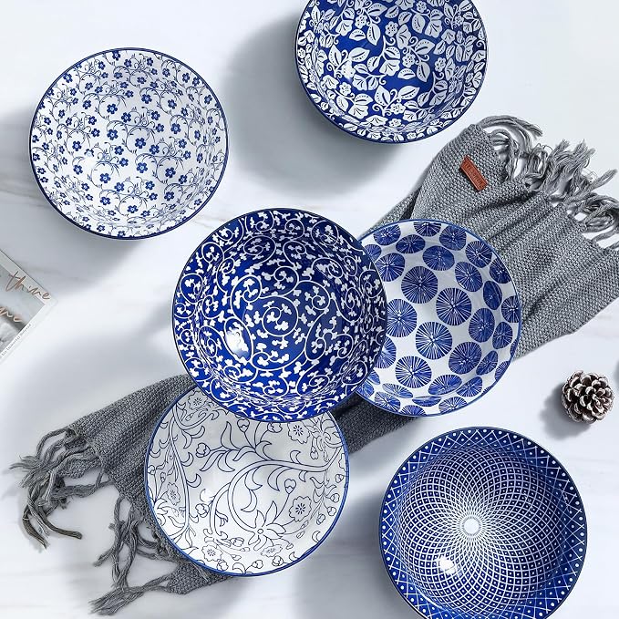 Selamica 7 inches Porcelain Cereal Bowl Set - Set of 6, Soup Bowls, Ceramic bowls for Cereal, Soup, Salad and Pasta, Vintage Blue