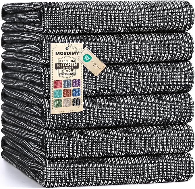 Mordimy Premium Large Cotton Kitchen Towels (18"x 28", 6 Pack), Black | 100% Ring Spun Cotton, Super Absorbent, 380 GSM, Flat & Terry, Soft, Hanging Loop Dish Towels