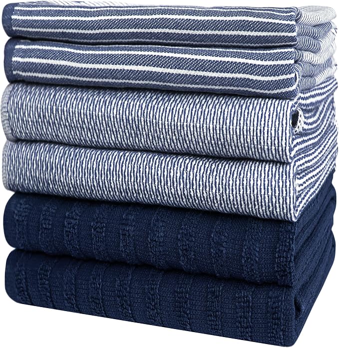 Premium Kitchen Towels 6 Pack 100% Cotton, 20"x28" Dish Towels - Navy Blue | Large Flat & Terry Kitchen Linen Set with Hanging Loops, Highly Absorbent for Washing and Drying Dishes