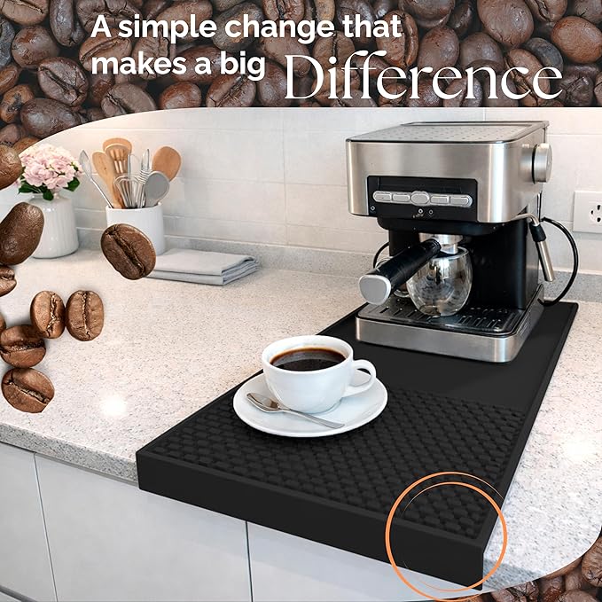 Coffee & Bar Mat For Countertop With "Edge Protection" – Espresso Machine & Coffee Maker Mat – Silicone Heat Resistant Mat – Non-Slip & BPA-Free Food Grade Mat – 16"(Front) x 24"(Length), Black