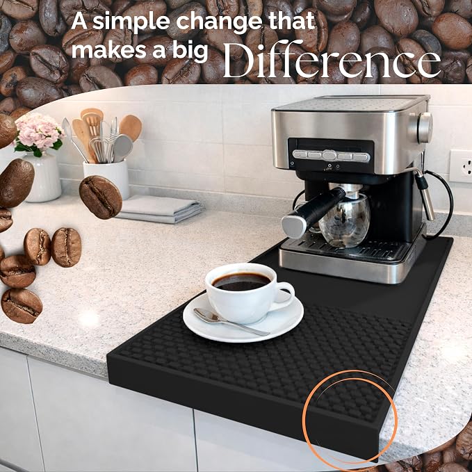 Coffee & Bar Mat For Countertop With "Edge Protection" – Espresso Machine & Coffee Maker Mat – Silicone Heat Resistant Mat – Non-Slip & BPA-Free Food Grade Mat – 12"(Front) x 24"(Length), Black