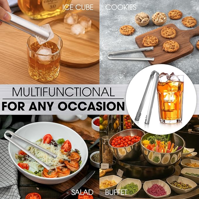 Cocktail Ice Tongs 6.3 in, Stainless Steel with Grip Teeth, 2-Pack | Compact Handheld Size, Food-grade Serving Tool for Ice Buckets & Drink Stations, Olives & Garnishes