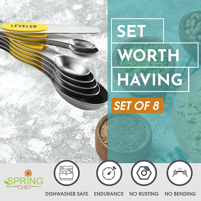 Spring Chef Stainless Steel Magnetic Measuring Spoons Set of 8, Yellow | Dual Sided Teaspoon & Tablespoon Measuring Spoons w/ Leveler for Dry & Liquid Ingredients, Measure Spoons for Baking, Cooking