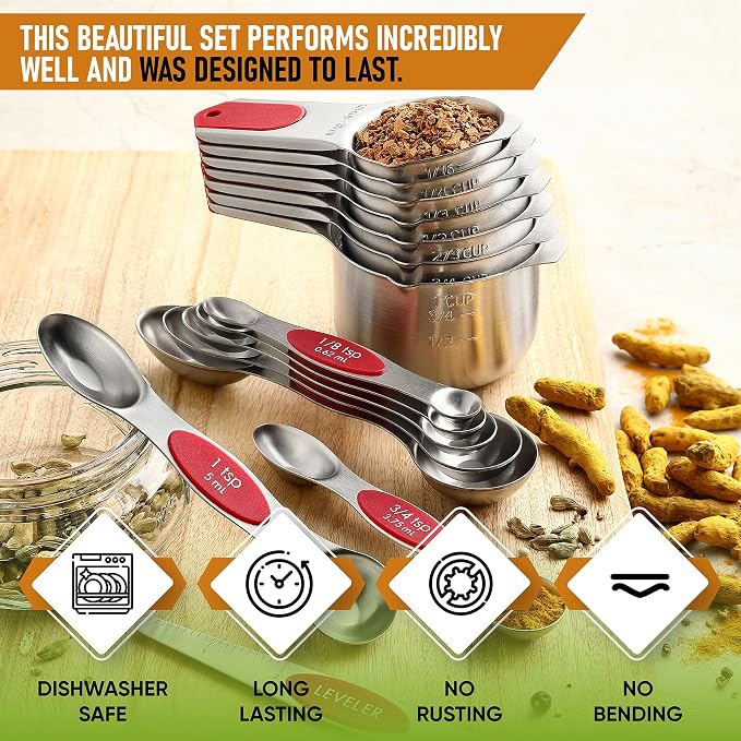 Spring Chef Magnetic Measuring Cups & Spoons Set of 15, Patented, Red | Stackable Stainless Steel Measuring Cups & Heavy Duty Metal Measuring Spoons with Levelers for Dry & Liquid Ingredients