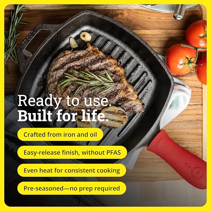 Lodge Square Cast Iron Grill Pan 10.5 Inches - Pre-Seasoned Square Skillet - Ridged Burger Grill Pan - Even Heat Distribution - PFAS-Free Non-Toxic Cookware
