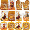 Silifine 12 Pcs Fall Pumpkin Cat Pot Holders Oven Mitts Kitchen Towels Set | Autumn Thanksgiving Decoration, Maple Kitten Design, Cooking Baking Use, Housewarming Hostess Gifts, Fall Kitchen Accessories