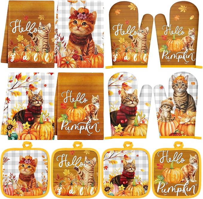 Silifine 12 Pcs Fall Pumpkin Cat Pot Holders Oven Mitts Kitchen Towels Set | Autumn Thanksgiving Decoration, Maple Kitten Design, Cooking Baking Use, Housewarming Hostess Gifts, Fall Kitchen Accessories