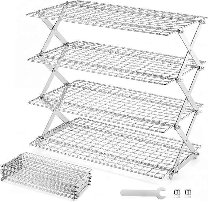 LIANYU 4 Tier Collapsible Cooling Rack, 3 Setting Design & Heavy-Duty | Cookie Cooling Rack for Baking and Cooking, Heavy Duty Wire, X-Shaped Structure, Easy Cleaning & Non-Stick, Kitchen Drying