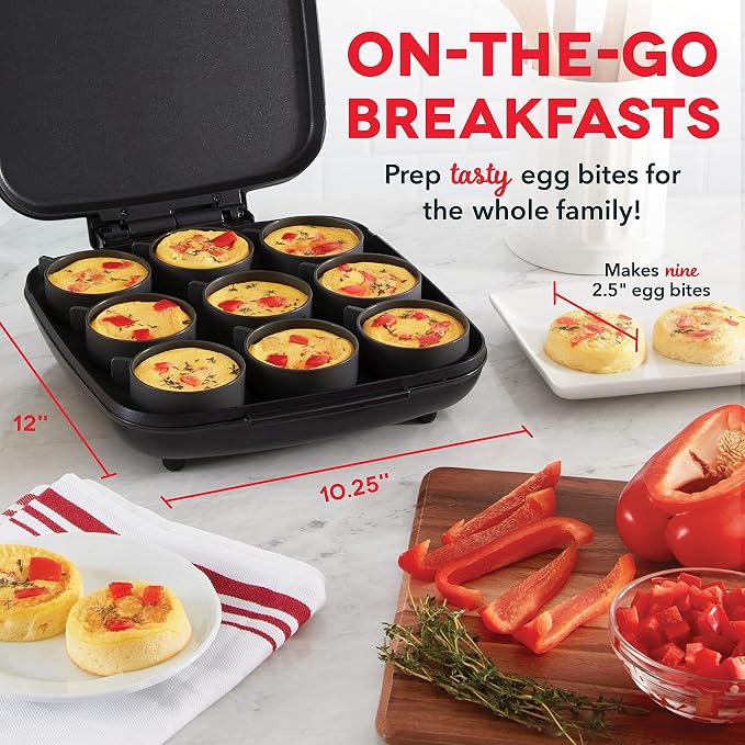 Dash Family Size Egg Bite Maker - Electric Egg Bite Maker with Non-Stick Silicone Cups - Space-Saving Design & Quick Cleanup - Make Sandwiches, Healthy Snacks & Desserts - 9 Servings, Black