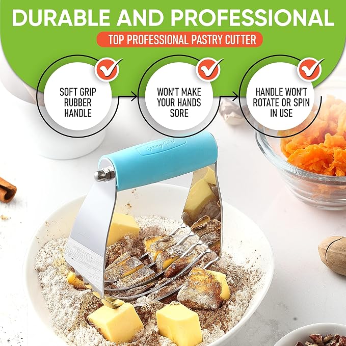 Spring Chef Medium Dough Blender Hand Tool, Durable Pastry Cutter, Aqua Sky | Heavy Duty Dough Mixer w/ Stainless Steel Blades, Professional Pastry Blender for Easy Mixing, Dishwasher Safe