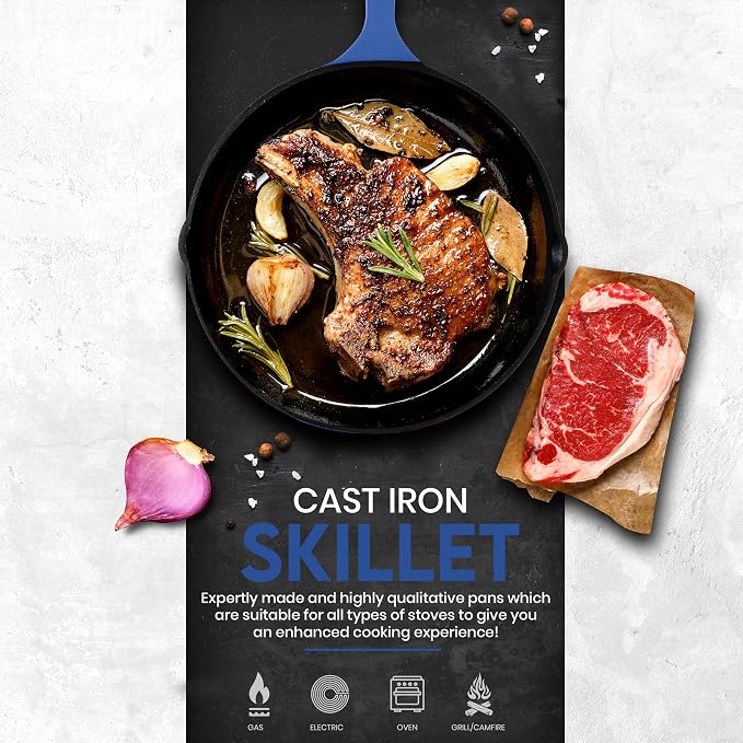 Utopia Kitchen Cast Iron Skillet Set 3 Piece 6 8 10 Inch PFAS-Free Blue | Chef Pan, Even Heat Distribution, Stovetop, Campfire and Grill Safe, Large Skillet Set, Indoor Outdoor Use