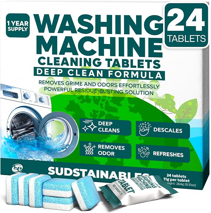 Sudstainables Washing Machine Cleaner Tablets, 24 Count | Eliminates odor, residue and buildup in front load, top load and HE washing machines.