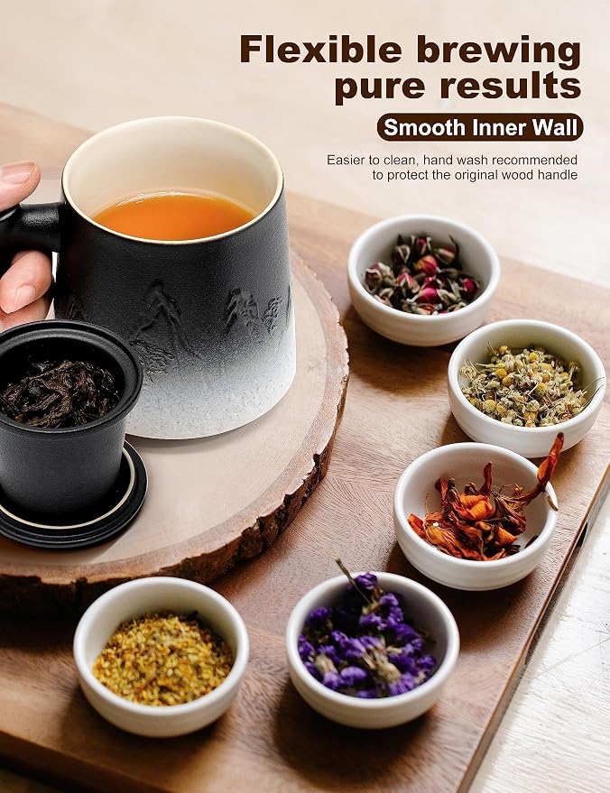 suyika Ceramic Tea Cup with Infuser and Lid, Gradient Embossed Large Tea Mug Wooden Handle for Steeping Loose Leaf, Tea Lover Gifts 15.2 oz / 450 ml,Matte Black | Gradient Embossed, Large Tea Mug, Wooden Handle