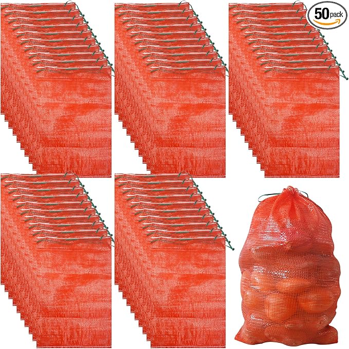 50 Pack 36lb Mesh Onion Bags Reusable Produce Storage Fruit Vegetable Storage Bags with Drawstring for Onions Potatoes Citrus Crawfish 15.6 x 26 Inches