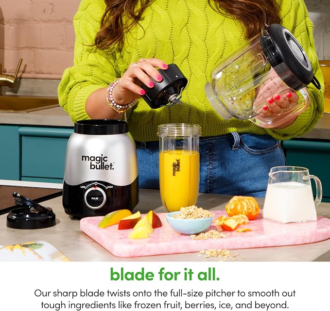 magic bullet Combo Blender, 600W, 48oz Pitcher, 16oz Cup with To-Go Lid, Easy Cleaning, Cross Blade, for Smoothies, Sauces, Shakes, Salsa, Hot Blends, Silver, MBF50200