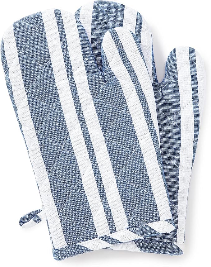 Encasa XO Oven Mitts, Heat Resistant Kitchen Gloves, Microwave | Franca Blue Stripes, 100% Cotton | Diamond Quilted Insulation | Pot Holders | Hanging Loop | Barbecue & Grill | Set of 2