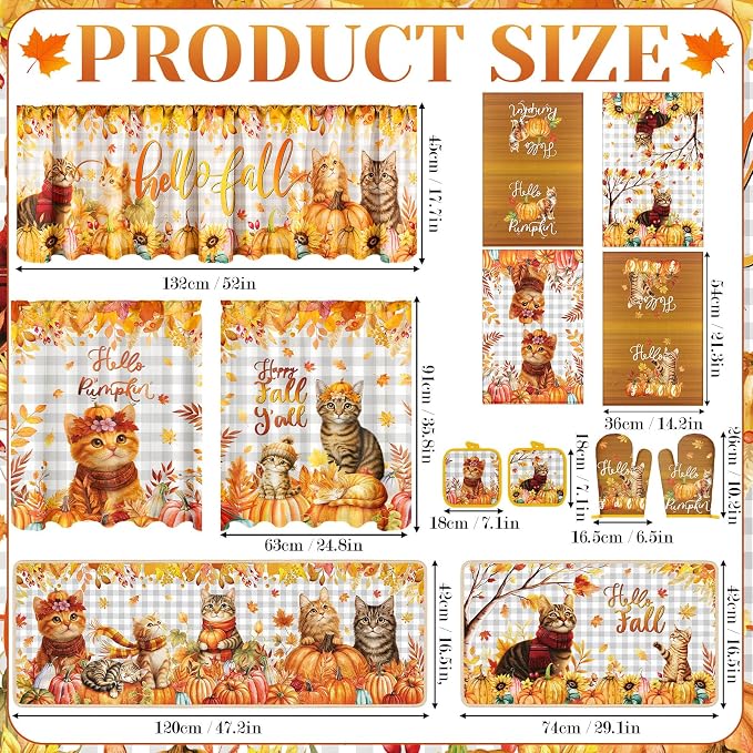 13 Pcs Fall Kitchen Decor Set, Cute Cat Themed Kitchen Towels, Cats Non Slip Floor Mats, Curtains and Valance, Pot Holders Oven Mitts, Home Decoration Gift for Cooking Baking