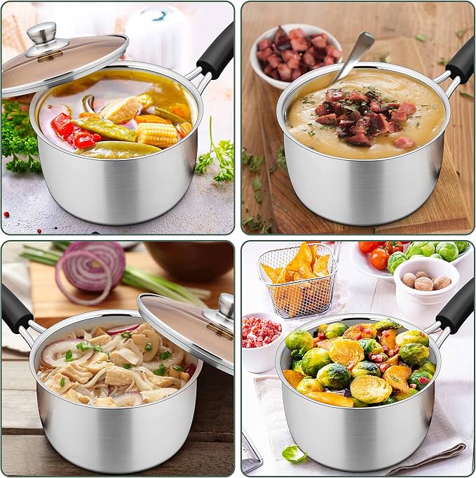 Herogo Saucepan Set with Lid, 1 Quart & 2 Quarts & 3 Quarts 18/10 Stainless Steel Sauce Pan Pot, Small Cooking Pot for Home Kitchen, Dishwasher Safe