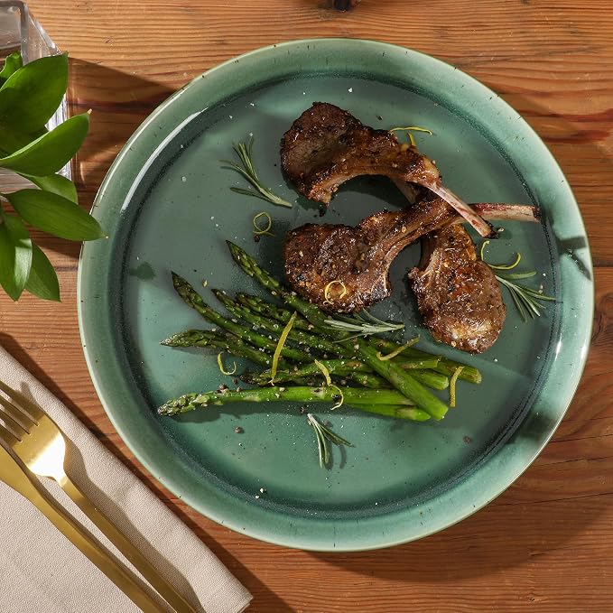 Gibson Elite 12 Piece (Service for 4) Fern Canyon Plates and Bowls Reactive Glaze Modern Coupe Round Dishes Stoneware Ceramic Dinnerware Set - Glossy Green