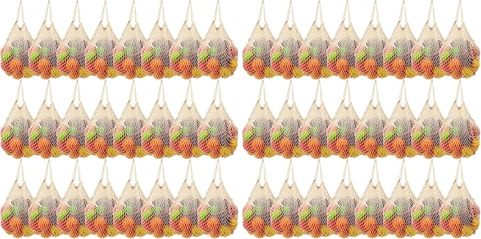 Woanger 24 Pcs Beige Short Handle Reusable Cotton Mesh Produce Shopping Bags Washable Grocery Net Portable Fruit and Vegetable Cotton String Bags Net Tote Organizer (Pack of 2)