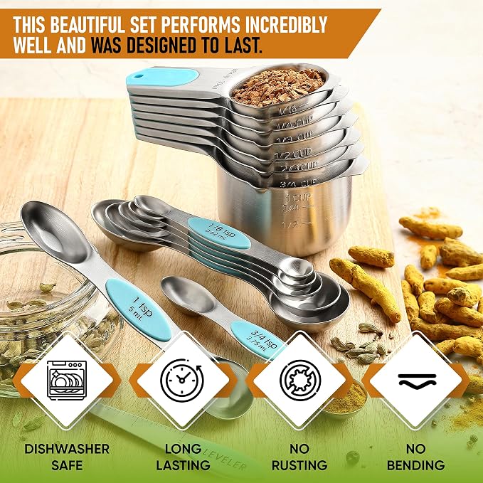 Spring Chef Magnetic Measuring Cups & Spoons Set of 15, Patented, Aqua Sky | Stackable Stainless Steel Measuring Cups & Heavy Duty Metal Measuring Spoons with Levelers for Dry & Liquid Ingredients