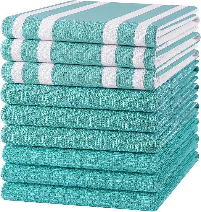 Homaxy Cotton 380 GSM Premium Kitchen Towels, 18"x 28", 9 Pack, Teal | Soft and Absorbent Terry Dish Towels, Multipurpose Tea Towel Set with Hanging Loop, 3 Styles Kitchen Hand Towels