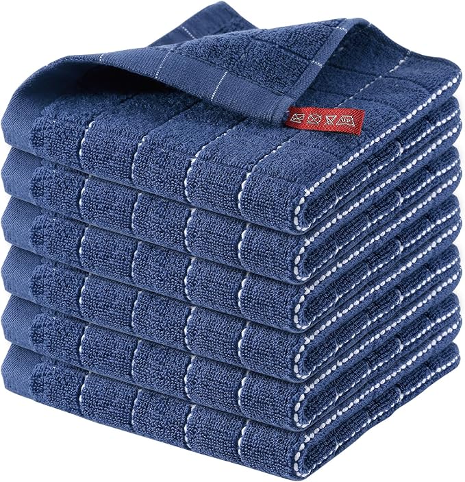 Homaxy 100% Cotton Terry Kitchen Dish Cloths, 6 Pack, Navy Blue | Ultra Soft and Absorbent, Suitable for Drying and Washing Dishes