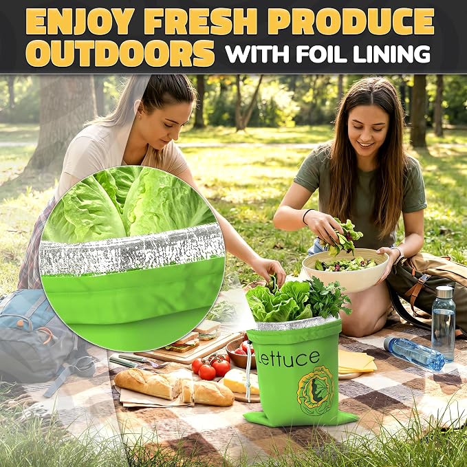 3-Layer Lettuce Keeper for Refrigerator, 13.8x10.6 Inches (Green) | Lettuce Bag Keeper with Foil Lining, Quick Drawstring Closure, Washable & Breathable Nylon, for Vegetable and Fruit Storage