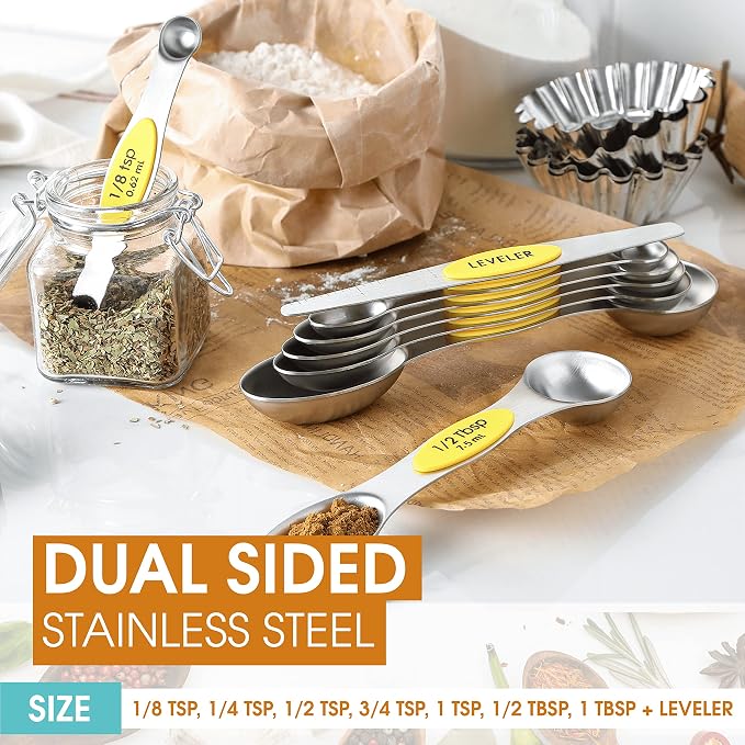 Spring Chef Stainless Steel Magnetic Measuring Spoons Set of 8, Yellow | Dual Sided Teaspoon & Tablespoon Measuring Spoons w/ Leveler for Dry & Liquid Ingredients, Measure Spoons for Baking, Cooking
